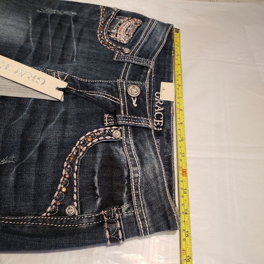 Grace In LA NEW Jeans Denim Embellished Jewel Stud Bead Mesh Slim Bootcut Womens - Picture 4 of 16
